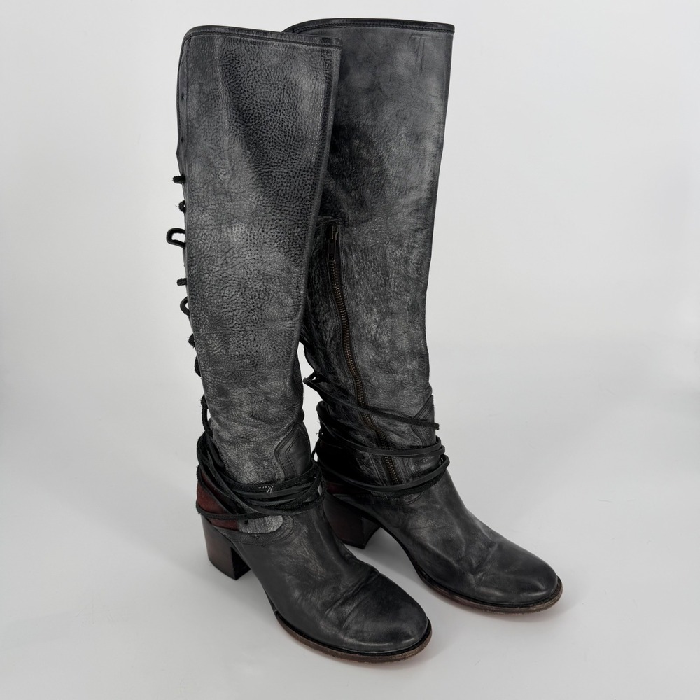Freebird by Steven Coal Black Leather Lace Up Knee High Boots Womens 10